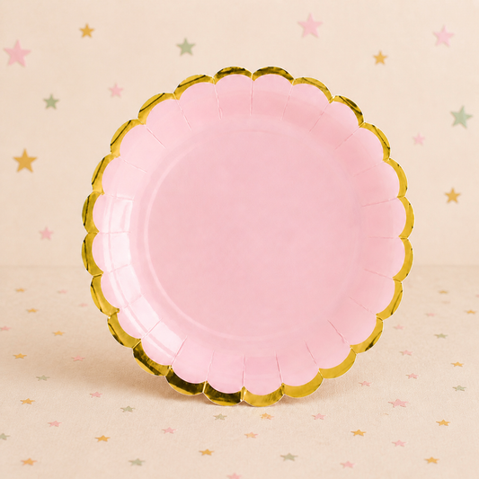 Light Pink & Gold Scalloped Paper Plates 18cm