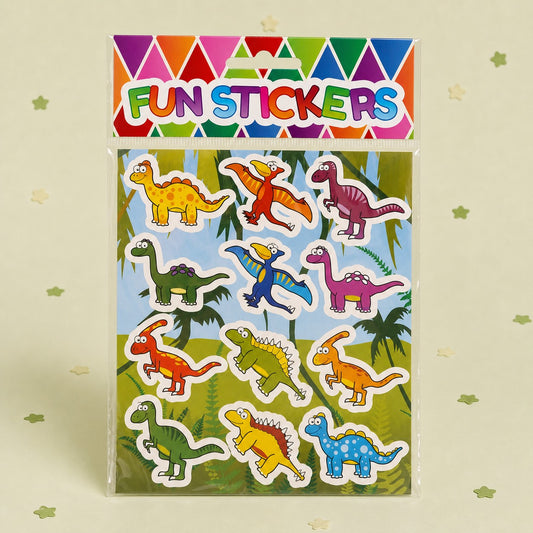 dinosaur sticker sheet featuring colourful cartoon prehistoric creatures for crafts and party favours