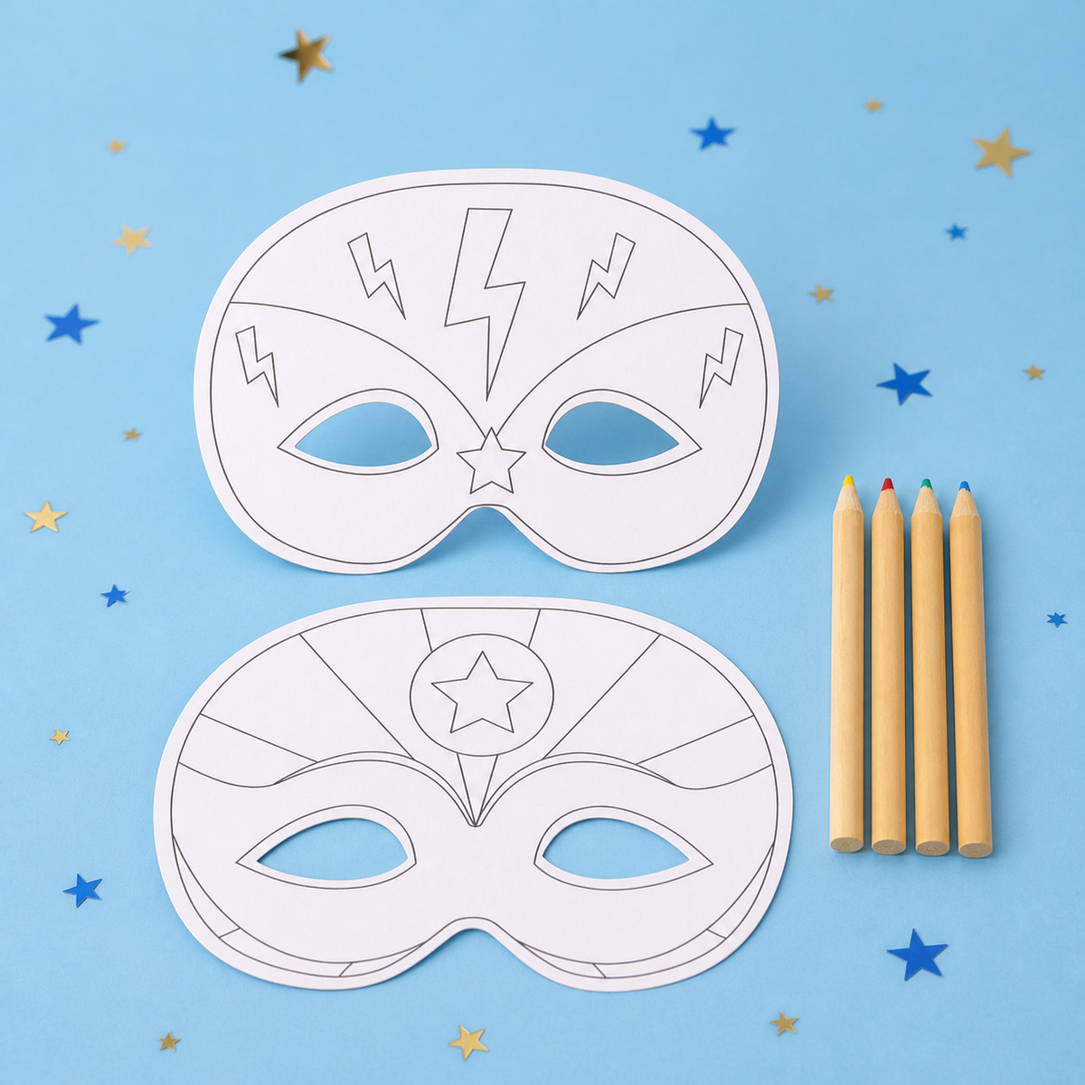 Superhero Paper Mask Set with 4 Colouring Pencils by Pickit Parties