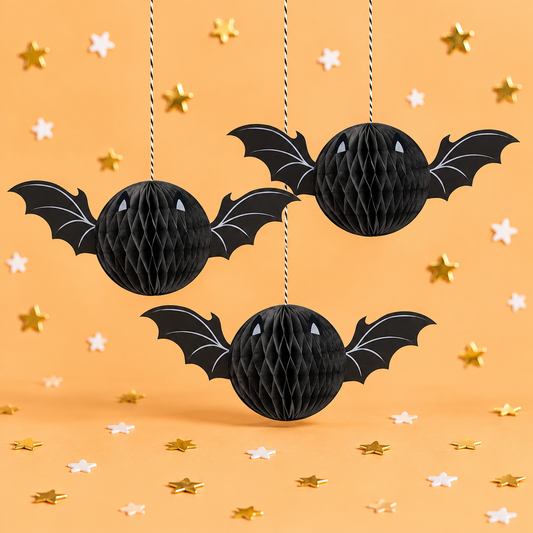 3 Black Bat Honeycomb Hanging Decorations by Pickit Parties