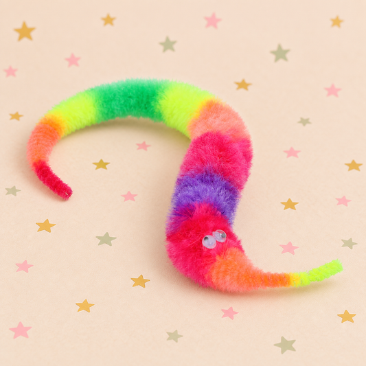 Pickit Parties rainbow fuzzy fluffy twisty worm toy with googly eyes on a star-patterned background