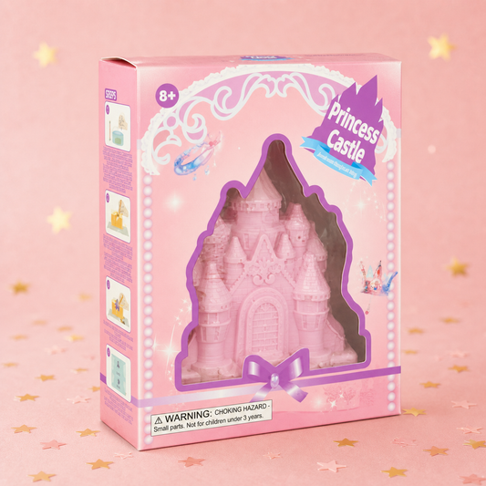 Boxed pink Princess Castle excavation kit with the castle visible through the box window