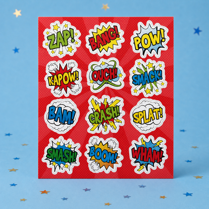 Superhero Stickers – 12 Comic Sound-Effect Stickers by Pickit Parties